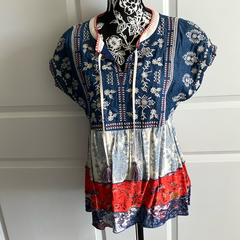 John Mark Blue and White Relaxed Tunic with Peter Pan Collar